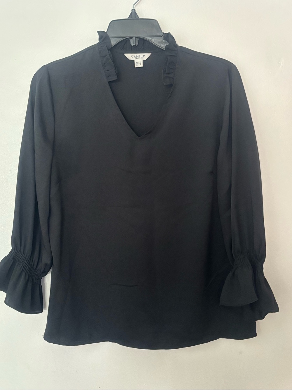 Camila Casual Black Ruffle V-Neck Bell Sleeve Blouse Size 4